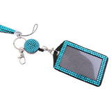 Rhinestone Lanyard with Retractable Reel Vertical ID Badge Holder Deep Blue