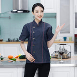 Maxbell 2 Pieces Denim Chef Jacket Coat Short Sleeves Kitchen Uniform Blue Black M