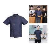 Maxbell 2 Pieces Denim Chef Jacket Coat Short Sleeves Kitchen Uniform Blue Black M