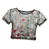 Maxbell Maxbell Sexy Black Sheer Mesh Floral Embroidery T Shirt Short Sleeve Crop Top Tee M