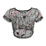 Maxbell Sexy Black Sheer Mesh Floral Embroidery T Shirt Short Sleeve Crop Top Tee M