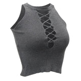 Womens Sleeveless Strappy Crop Top Lace Up Ribbed Knit Cami Tank L Gray