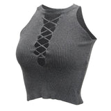 Womens Sleeveless Strappy Crop Top Lace Up Ribbed Knit Cami Tank L Gray