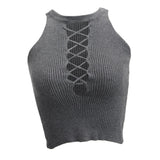 Womens Sleeveless Strappy Crop Top Lace Up Ribbed Knit Cami Tank L Gray