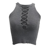 Womens Sleeveless Strappy Crop Top Lace Up Ribbed Knit Cami Tank L Gray