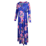 Maxbell Maxbell Women's Floral Maxi Dresses Long Sleeve V-Neck Sexy Beach Dress M Blue