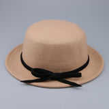 Women Wool Felt Flat Top Fedora Hat Party Church Bowknot Derby Trilby Cap Light Tan