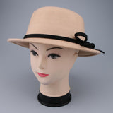 Women Wool Felt Flat Top Fedora Hat Party Church Bowknot Derby Trilby Cap Light Tan