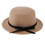 Women Wool Felt Flat Top Fedora Hat Party Church Bowknot Derby Trilby Cap Light Tan