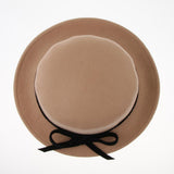 Women Wool Felt Flat Top Fedora Hat Party Church Bowknot Derby Trilby Cap Light Tan