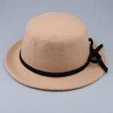 Women Wool Felt Flat Top Fedora Hat Party Church Bowknot Derby Trilby Cap Light Tan