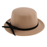 Women Wool Felt Flat Top Fedora Hat Party Church Bowknot Derby Trilby Cap Light Tan