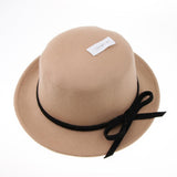 Women Wool Felt Flat Top Fedora Hat Party Church Bowknot Derby Trilby Cap Light Tan