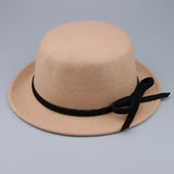 Women Wool Felt Flat Top Fedora Hat Party Church Bowknot Derby Trilby Cap Light Tan