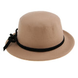 Women Wool Felt Flat Top Fedora Hat Party Church Bowknot Derby Trilby Cap Light Tan