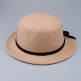 Women Wool Felt Flat Top Fedora Hat Party Church Bowknot Derby Trilby Cap Light Tan