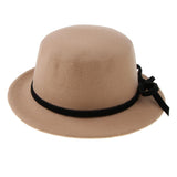 Women Wool Felt Flat Top Fedora Hat Party Church Bowknot Derby Trilby Cap Light Tan