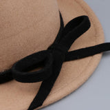 Women Wool Felt Flat Top Fedora Hat Party Church Bowknot Derby Trilby Cap Light Tan