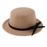 Women Wool Felt Flat Top Fedora Hat Party Church Bowknot Derby Trilby Cap Light Tan