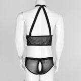 Maxbell Maxbell Men's Sexy Elastic Halter Body Chest Strap Harness Top Briefs Set Black