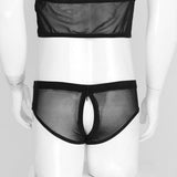 Maxbell Maxbell Men's Sexy Elastic Halter Body Chest Strap Harness Top Briefs Set Black