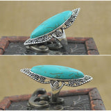 Maxbell Vintage Bohemia Tibetan Ethnic Oval Turquoise Engraving Long Finger Ring - Aladdin Shoppers