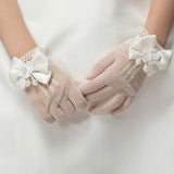 Maxbell Flower Girl Satin Bow Gauze Gloves Bridesmaid Communion Wedding Party Beige