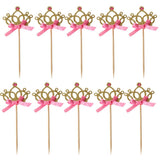 Maxbell 30 Pieces Pretty Crown Cake Topper Food Picks with Ribbon Pink and Gold