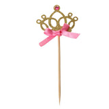 Maxbell 30 Pieces Pretty Crown Cake Topper Food Picks with Ribbon Pink and Gold