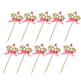 Maxbell 30 Pieces Pretty Crown Cake Topper Food Picks with Ribbon Pink and Gold