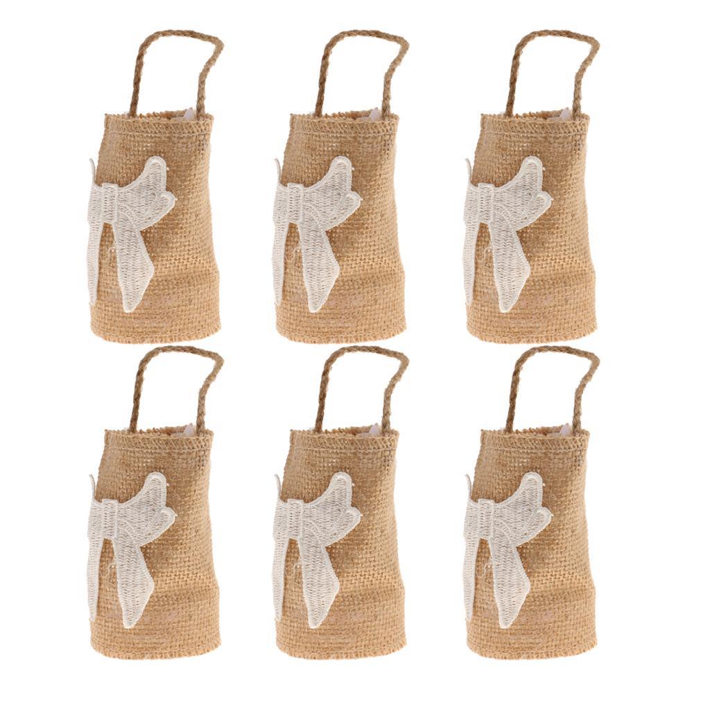 Maxbell Maxbell 6pcs Bowknot Linen Burlap Sack Sweets Bags with Handle Wedding Gift Favor