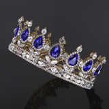 King Queen Bridal Crown Rhinestone Tiaras Gold Plated Hair Jewelry  Blue