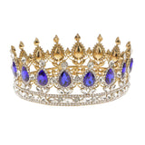 King Queen Bridal Crown Rhinestone Tiaras Gold Plated Hair Jewelry  Blue