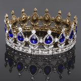 King Queen Bridal Crown Rhinestone Tiaras Gold Plated Hair Jewelry  Blue