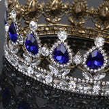 King Queen Bridal Crown Rhinestone Tiaras Gold Plated Hair Jewelry  Blue