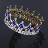 King Queen Bridal Crown Rhinestone Tiaras Gold Plated Hair Jewelry  Blue