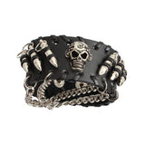 Gothic Punk Style Black Leather Cuff Bracelet Wristband with 3D Skull Head and Chain