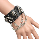 Gothic Punk Style Black Leather Cuff Bracelet Wristband with 3D Skull Head and Chain