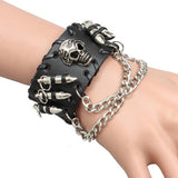 Gothic Punk Style Black Leather Cuff Bracelet Wristband with 3D Skull Head and Chain