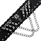 Gothic Punk Style Black Leather Cuff Bracelet Wristband with 3D Skull Head and Chain