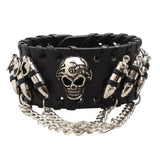 Gothic Punk Style Black Leather Cuff Bracelet Wristband with 3D Skull Head and Chain