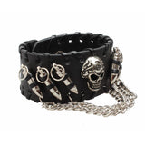 Gothic Punk Style Black Leather Cuff Bracelet Wristband with 3D Skull Head and Chain