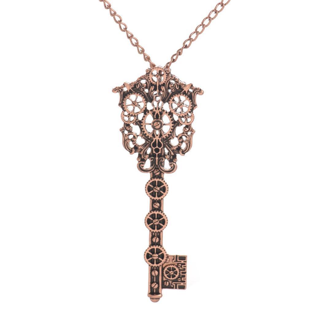 Maxbell Vintage Key Gear Pendant Steampunk Necklace Chain Gothic Punk Jewelry Red