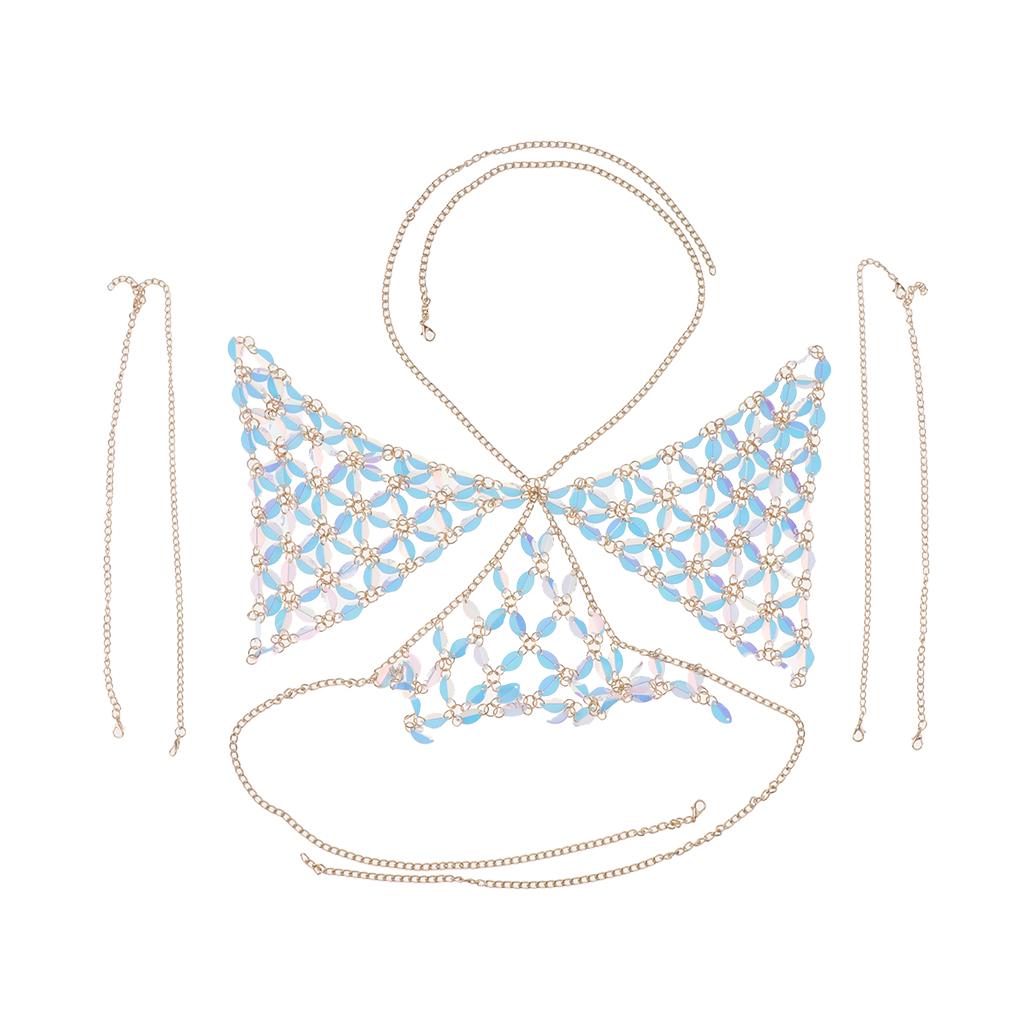 Maxbell Maxbell Sexy Bra Bikini Women Halter Sequin Tassel Summer Beach Chest Chain Blue