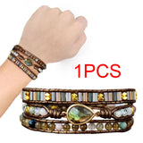 Women Ethnic PU Leather Wrap Bracelet Multi Layer Charm Unique Bead Bracelet Style A