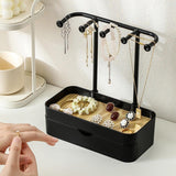 Maxbell Jewelry Display Stand with Wood Tray 5 Hanging Hooks Keys Jewelry Tower Rack Black