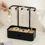 Maxbell Jewelry Display Stand with Wood Tray 5 Hanging Hooks Keys Jewelry Tower Rack Black