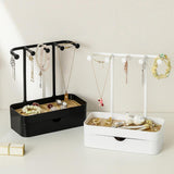 Maxbell Jewelry Display Stand with Wood Tray 5 Hanging Hooks Keys Jewelry Tower Rack Black