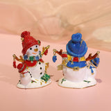 Christmas Snowman Trinket Box Enamel Hinged Jewelry Box Rings Earring Holder Blue