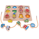 Maxbell 2-in-1 Wooden Cartoon Jigsaw Puzzles Blocks Board & Beads Threading Educational Toy Play Activity- Traffic - Aladdin Shoppers